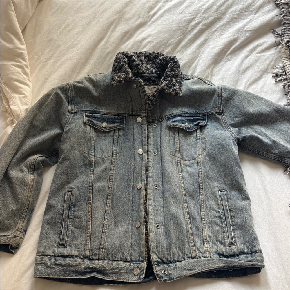 Free People Blue Jean Jacket with Black Fur Collar